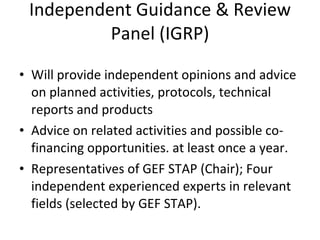 Independent Guidance & Review Panel (IGRP) Will provide independent opinions and advice on planned activities, protocols, technical reports and products Advice on related activities and possible co-financing opportunities. at least once a year. Representatives of GEF STAP (Chair); Four independent experienced experts in relevant fields (selected by GEF STAP).