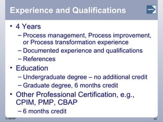 CBPP ®  Application Costs Candidate applies for Certification Application form is online at  www.abpmp.org   Submit the application and pay online Pay application fee $75 - online Pricing for the exam incents chapter membership –  $400 Member  $550 non – member 