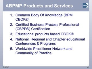ABPMP Products and Services Common Body Of Knowledge (BPM CBOK®) Certified Business Process Professional (CBPP®) Certification Educational products based CBOK®  National, Regional and Chapter educational Conferences & Programs Worldwide Practitioner Network and Community of Practice 