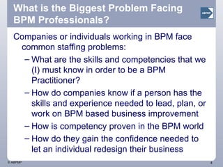 What is the Biggest Problem Facing BPM Professionals? Companies or individuals working in BPM face common staffing problems: What are the skills and competencies that we (I) must know in order to be a BPM Practitioner? How do companies know if a person has the skills and experience needed to lead, plan, or work on BPM based business improvement  How is competency proven in the BPM world How do they gain the confidence needed to let an individual redesign their business 