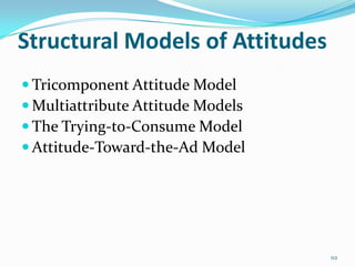 Structural Models of Attitudes
 Tricomponent Attitude Model
 Multiattribute Attitude Models
 The Trying-to-Consume Model
 Attitude-Toward-the-Ad Model




                                   112
 