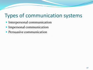 Types of communication systems
 Interpersonal communication
 Impersonal communication
 Persuasive communication




                                 148
 