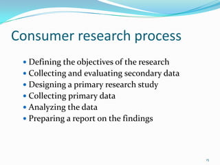 Consumer research process
  Defining the objectives of the research
  Collecting and evaluating secondary data
  Design...