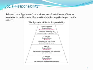 Social Responsibility
Refers to the obligations of the business to make deliberate efforts to
maximize its positive contri...