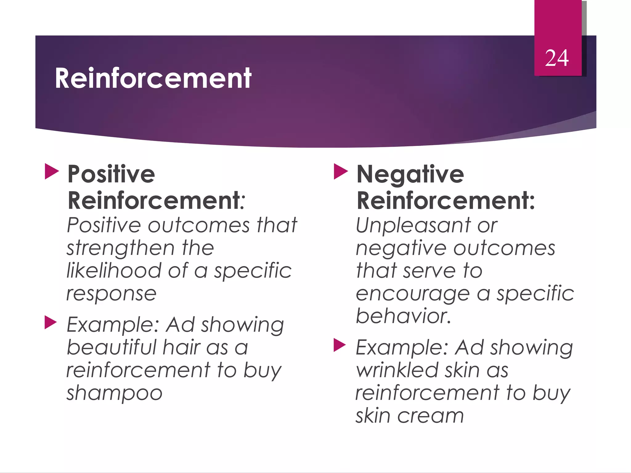 Reinforcement 
 Positive 
Reinforcement: 
Positive outcomes that 
strengthen the 
likelihood of a specific 
response 
 Example: Ad showing 
beautiful hair as a 
reinforcement to buy 
shampoo 
24 
 Negative 
Reinforcement: 
Unpleasant or 
negative outcomes 
that serve to 
encourage a specific 
behavior. 
 Example: Ad showing 
wrinkled skin as 
reinforcement to buy 
skin cream 
 