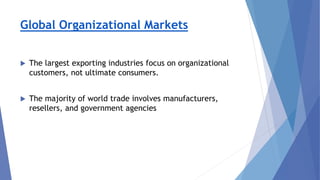 Global Organizational Markets
 The largest exporting industries focus on organizational
customers, not ultimate consumers.
 The majority of world trade involves manufacturers,
resellers, and government agencies
 