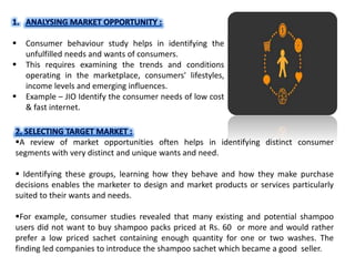  Consumer behaviour study helps in identifying the
unfulfilled needs and wants of consumers.
 This requires examining the trends and conditions
operating in the marketplace, consumers' lifestyles,
income levels and emerging influences.
 Example – JIO Identify the consumer needs of low cost
& fast internet.
A review of market opportunities often helps in identifying distinct consumer
segments with very distinct and unique wants and need.
 Identifying these groups, learning how they behave and how they make purchase
decisions enables the marketer to design and market products or services particularly
suited to their wants and needs.
For example, consumer studies revealed that many existing and potential shampoo
users did not want to buy shampoo packs priced at Rs. 60 or more and would rather
prefer a low priced sachet containing enough quantity for one or two washes. The
finding led companies to introduce the shampoo sachet which became a good seller.
 