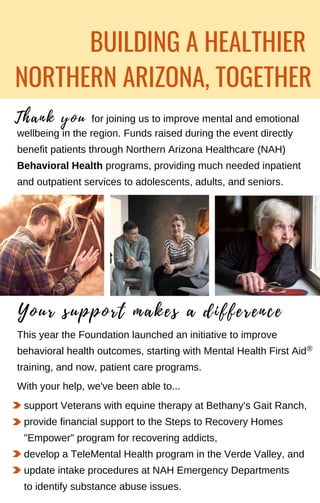 BUILDING A HEALTHIER
NORTHERN ARIZONA, TOGETHER
T h a n k y o u
wellbeing in the region. Funds raised during the event directly
benefit patients through Northern Arizona Healthcare (NAH)
Behavioral Health programs, providing much needed inpatient
and outpatient services to adolescents, adults, and seniors.
for joining us to improve mental and emotional
This year the Foundation launched an initiative to improve
behavioral health outcomes, starting with Mental Health First Aid
training, and now, patient care programs.
®
Y o u r s u p p o r t m a k e s a d i f f e r e n c e
With your help, we've been able to...
support Veterans with equine therapy at Bethany's Gait Ranch,
provide financial support to the Steps to Recovery Homes
"Empower" program for recovering addicts,
develop a TeleMental Health program in the Verde Valley, and
update intake procedures at NAH Emergency Departments
to identify substance abuse issues.
 