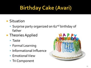 

Situation
 Surprise party organized on 62nd birthday of

father


Theories Applied
 Taste
 Formal Learning
 Informational Influence
 Emotional View
 Tri Component
12

 