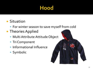 

Situation
 For winter season to save myself from cold



Theories Applied
 Multi Attribute Attitude Object
 Tri Component
 Informational Influence
 Symbolic

32

 