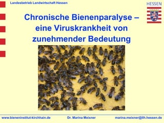 Landesbetrieb Landwirtschaft Hessen




              Chronische Bienenparalyse –
                eine Viruskrankheit von
               zunehmender Bedeutung




www.bieneninstitut-kirchhain.de        Dr. Marina Meixner   marina.meixner@llh.hessen.de
 