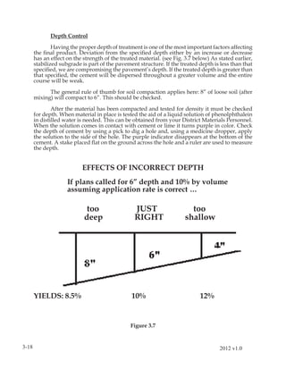 Depth Control

               Having the proper depth of treatment is one of the most important factors affecting
       the ﬁnal product. Deviation from the speciﬁed depth either by an increase or decrease
       has an effect on the strength of the treated material. (see Fig. 3.7 below) As stated earlier,
       stabilized subgrade is part of the pavement structure. If the treated depth is less than that
       speciﬁed, we are compromising the pavement’s depth. If the treated depth is greater than
       that speciﬁed, the cement will be dispersed throughout a greater volume and the entire
       course will be weak.

             The general rule of thumb for soil compaction applies here: 8” of loose soil (after
       mixing) will compact to 6”. This should be checked.

               After the material has been compacted and tested for density it must be checked
       for depth. When material in place is tested the aid of a liquid solution of phenolphthalein
       in distilled water is needed. This can be obtained from your District Materials Personnel.
       When the solution comes in contact with cement or lime it turns purple in color. Check
       the depth of cement by using a pick to dig a hole and, using a medicine dropper, apply
       the solution to the side of the hole. The purple indicator disappears at the bottom of the
       cement. A stake placed ﬂat on the ground across the hole and a ruler are used to measure
       the depth.


                           EFFECTS OF INCORRECT DEPTH
                     If plans called for 6” depth and 10% by volume
                     assuming application rate is correct …

                             too                  JUST                    too
                            deep                  RIGHT                 shallow




       YIELDS: 8.5%                              10%                          12%


                                                Figure 3.7


3-18                                                                                  2012 v1.0
 