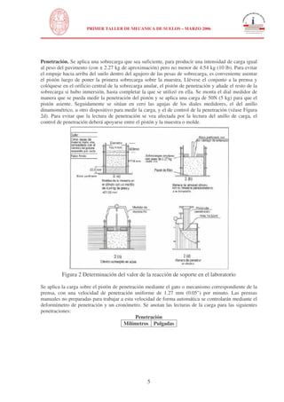 N
UNIVERSIDAD NACIONAL DE INGENIERÍA
FACULTAD DE INGENIERÍA CIVIL
PRIMER TALLER DE MECANICA DE SUELOS – MARZO 2006
5
Penetración. Se aplica una sobrecarga que sea suficiente, para producir una intensidad de carga igual
al peso del pavimento (con ± 2.27 kg de aproximación) pero no menor de 4.54 kg (10 lb). Para evitar
el empuje hacia arriba del suelo dentro del agujero de las pesas de sobrecarga, es conveniente asentar
el pistón luego de poner la primera sobrecarga sobre la muestra, Llévese el conjunto a la prensa y
colóquese en el orificio central de la sobrecarga anular, el pistón de penetración y añade el resto de la
sobrecarga si hubo inmersión, hasta completar la que se utilizó en ella. Se monta el dial medidor de
manera que se pueda medir la penetración del pistón y se aplica una carga de 50N (5 kg) para que el
pistón asiente. Seguidamente se sitúan en cero las agujas de los diales medidores, el del anillo
dinamométrico, u otro dispositivo para medir la carga, y el de control de la penetración (véase Figura
2d). Para evitar que la lectura de penetración se vea afectada por la lectura del anillo de carga, el
control de penetración deberá apoyarse entre el pistón y la muestra o molde.
Figura 2 Determinación del valor de la reacción de soporte en el laboratorio
Se aplica la carga sobre el pistón de penetración mediante el gato o mecanismo correspondiente de la
prensa, con una velocidad de penetración uniforme de 1.27 mm (0.05") por minuto. Las prensas
manuales no preparadas para trabajar a esta velocidad de forma automática se controlarán mediante el
deformímetro de penetración y un cronómetro. Se anotan las lecturas de la carga para las siguientes
penetraciones:
Penetración
Milímetros Pulgadas
 