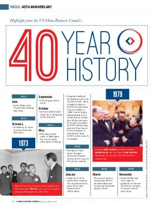 Focus: 40th ANNIVERSARY


Highlights from the US-China Business Council’s




40
 June
           1971


 •	United States ends
   21-year trade embargo
   with China.
                              September
                              •	First US grain sale to
                                China.

                              October
                              •	US firms attend Canton
                                Trade Fair in Guangdong
                                                           Year 	 	
                                                           History
                                                           •	Inaugural meeting of
                                                             the National Council for
                                                             US-China Trade—which
                                                             changed its name to
                                                             the US-China Business
                                                             Council (USCBC) in
                                                             1988. Former Deputy
                                                             Representative to the
                                                                                                             1979

                                for the first time.          United Nations Christo-
           1972
                                                             pher Phillips becomes
                                                             the council’s president
 February                               1973                 and PRC leaders desig-
 •	The Boeing Co. signs                                      nate the China Council
   its first aircraft deal    May                            for the Promotion of
   with China.                                               International Trade
                              •	PRC liaison office
                                opens in Washington,         (CCPIT) as the council’s
                                DC, and US liaison           counterpart.


         1973                   office opens in Beijing.

                                                                    1974                                                                     Unless otherwise indicated, all photos are from USCBC’s archives.

                                                           •	Secretary of State           President Jimmy Carter and former President
                                                             Henry Kissinger              Richard Nixon with Vice Premier Deng Xiaoping,
                                                             delivers the keynote         Washington, DC, January 1979 (official White
                                                             address at the council’s     House photo).
                                                             first annual meeting.


                                                                    1975                         1976                        1978

                                                           January                      March                       November
                                                           •	Trade Act of 1974          •	The council opens a       •	Coastal States Gas
                                                             takes effect, allowing       Hong Kong office to         Corp. signs an
                                                             the US government to         facilitate travel and       agreement to become
    National Council for US-China Trade members meet         grant China most-            business for members        the first US company
    with Ambassador Han Hsu at the council’s inaugural       favored-nation 	             going to China.             to import crude oil
    meeting in Washington, DC, May 1973.                     (MFN) status.                                            from China.



 22   China Business Review January–March 2013
 