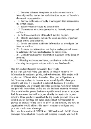  1.2: Develop coherent paragraphs or points so that each is
internally unified and so that each functions as part of the whole
document or presentation.
 1.3: Provide sufficient, correctly cited support that substantiates
the writer’s ideas.
 1.4: Tailor communications to the audience.
 1.5: Use sentence structure appropriate to the task, message and
audience.
 1.6: Follow conventions of Standard Written English.
 2.1: Identify and clearly explain the issue, question, or problem
under critical consideration.
 2.2: Locate and access sufficient information to investigate the
issue or problem.
 2.3: Evaluate the information in a logical and organized manner
to determine its value and relevance to the problem.
 2.4: Consider and analyze information in context to the issue or
problem.
 2.5 Develop well-reasoned ideas, conclusions or decisions,
checking them against relevant criteria and benchmarks.
Step 1: Conduct Research to Identify Top Trends
In this step, you will refine your ability to conduct research for
information in academic, public, and web domains. This project will
require two different kinds of searches. First, you will perform a
brief industry analysis to become more knowledgeable about your
industry and how it is classified in national databases. From this
initial research, you will learn the codes associated with your industry
and you will learn where to find and use business research resources.
This should enable you to find more specific search terms to help you
find the resources that will help you identify the top trends in your
industry. Once you have identified the top trends, you will choose an
issue in one of the three top trends and conduct more research to
provide an analysis of the issue, its effect on the industry, and how an
organization would address this issue – whether to mitigate or to
promote – to its own advantage.
Once you have reviewed NAICS and SOC codes and UMUC library
resources for conducting research and business research, you will do
 