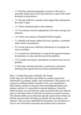 • 1.2: Develop coherent paragraphs or points so that each is
internally unified and so that each functions as part of the whole
document or presentation.
• 1.3: Provide sufficient, correctly cited support that substantiates
the writer’s ideas.
• 1.4: Tailor communications to the audience.
• 1.5: Use sentence structure appropriate to the task, message and
audience.
• 1.6: Follow conventions of Standard Written English.
• 2.1: Identify and clearly explain the issue, question, or problem
under critical consideration.
• 2.2: Locate and access sufficient information to investigate the
issue or problem.
• 2.3: Evaluate the information in a logical and organized manner
to determine its value and relevance to the problem.
• 2.4: Consider and analyze information in context to the issue or
problem.
• 2.5 Develop well-reasoned ideas, conclusions or decisions,
checking them against relevant criteria and benchmarks.
Step 1: Conduct Research to Identify Top Trends
In this step, you will refine your ability to conduct research for
information in academic, public, and web domains. This project will
require two different kinds of searches. First, you will perform a
brief industry analysis to become more knowledgeable about your
industry and how it is classified in national databases. From this
initial research, you will learn the codes associated with your industry
and you will learn where to find and use business research resources.
This should enable you to find more specific search terms to help you
find the resources that will help you identify the top trends in your
industry. Once you have identified the top trends, you will choose an
issue in one of the three top trends and conduct more research to
 