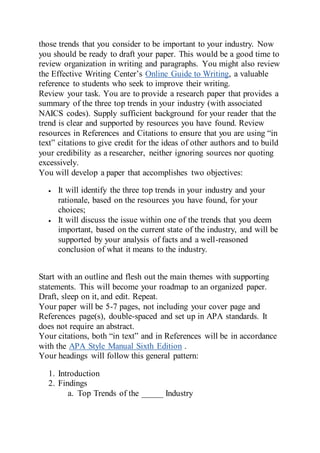 those trends that you consider to be important to your industry. Now
you should be ready to draft your paper. This would be a good time to
review organization in writing and paragraphs. You might also review
the Effective Writing Center’s Online Guide to Writing, a valuable
reference to students who seek to improve their writing.
Review your task. You are to provide a research paper that provides a
summary of the three top trends in your industry (with associated
NAICS codes). Supply sufficient background for your reader that the
trend is clear and supported by resources you have found. Review
resources in References and Citations to ensure that you are using “in
text” citations to give credit for the ideas of other authors and to build
your credibility as a researcher, neither ignoring sources nor quoting
excessively.
You will develop a paper that accomplishes two objectives:
 It will identify the three top trends in your industry and your
rationale, based on the resources you have found, for your
choices;
 It will discuss the issue within one of the trends that you deem
important, based on the current state of the industry, and will be
supported by your analysis of facts and a well-reasoned
conclusion of what it means to the industry.
Start with an outline and flesh out the main themes with supporting
statements. This will become your roadmap to an organized paper.
Draft, sleep on it, and edit. Repeat.
Your paper will be 5-7 pages, not including your cover page and
References page(s), double-spaced and set up in APA standards. It
does not require an abstract.
Your citations, both “in text” and in References will be in accordance
with the APA Style Manual Sixth Edition .
Your headings will follow this general pattern:
1. Introduction
2. Findings
a. Top Trends of the _____ Industry
 