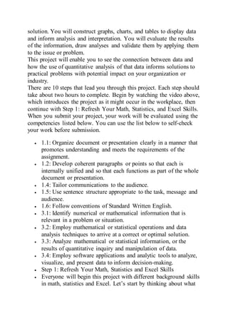 solution. You will construct graphs, charts, and tables to display data
and inform analysis and interpretation. You will evaluate the results
of the information, draw analyses and validate them by applying them
to the issue or problem.
This project will enable you to see the connection between data and
how the use of quantitative analysis of that data informs solutions to
practical problems with potential impact on your organization or
industry.
There are 10 steps that lead you through this project. Each step should
take about two hours to complete. Begin by watching the video above,
which introduces the project as it might occur in the workplace, then
continue with Step 1: Refresh Your Math, Statistics, and Excel Skills.
When you submit your project, your work will be evaluated using the
competencies listed below. You can use the list below to self-check
your work before submission.
 1.1: Organize document or presentation clearly in a manner that
promotes understanding and meets the requirements of the
assignment.
 1.2: Develop coherent paragraphs or points so that each is
internally unified and so that each functions as part of the whole
document or presentation.
 1.4: Tailor communications to the audience.
 1.5: Use sentence structure appropriate to the task, message and
audience.
 1.6: Follow conventions of Standard Written English.
 3.1: Identify numerical or mathematical information that is
relevant in a problem or situation.
 3.2: Employ mathematical or statistical operations and data
analysis techniques to arrive at a correct or optimal solution.
 3.3: Analyze mathematical or statistical information, or the
results of quantitative inquiry and manipulation of data.
 3.4: Employ software applications and analytic tools to analyze,
visualize, and present data to inform decision-making.
 Step 1: Refresh Your Math, Statistics and Excel Skills
 Everyone will begin this project with different background skills
in math, statistics and Excel. Let’s start by thinking about what
 