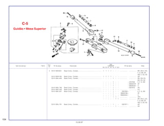 Ref.
Qtd.
Item de serviço T.M.O. Nº da peça Descrição CBR600F Nº de série Nota
Nº
FM FN FP FR FS FT SET
4 35101-MV9-601 Base Comp., Contato........................................................... 1 1 1 1 – – – ................... .................. BR, CM, E, ED,
F, G, MX, SP,
SW, U, 2G, 3G
35101-MV9-780 Base Comp., Contato........................................................... 1 1 1 1 – – – ................... .................. AR
35101-MAL-600 Base Comp., Contato........................................................... – – – – 1 – – ................... .................. BR, CM, ED,
MX, 2G, 3G
– – – – 1 – – ~ 2007938 E, F, G, SW
– – – – 1 – – ~ 0M000797 SP
– – – – 1 – – ~ SM000321 U
35101-MAL-780 Base Comp., Contato........................................................... – – – – 1 – – ~ 2007970 AR
35101-MAL-000 Base Comp., Contato........................................................... – – – – 1 – – ................... .................. KO
35101-MAL-601 Base Comp., Contato........................................................... – – – – 1 – – 2007939 ~ E, F, G, SW
– – – – 1 – – 0M000798 ~ SP
– – – – 1 – – SM000322 ~ U
– – – – 1 1 – ................... .................. 2PO
– – – – – 1 1 ................... .................. BR, CM, E, ED,
F, G, MX, SP,
SW, U, 2G, 3G
35101-MAL-781 Base Comp., Contato........................................................... – – – – 1 – – 2007971 ~ AR
– – – – – 1 – ................... .................. AR
C-5
Guidão • Mesa Superior
104
15.09.97
 