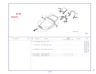 161
Ref.
Qtd.
Item de serviço T.M.O. Nº da peça Descrição CBR600F Nº de série Nota
Nº
FM FN FP FR FS FT SET
(6) 84100-MV9-600ZD Alça Traseira *R-158P* ........................................................ – – 1 – – – – ................... .................. AR, BR, E, ED,
F, G, MX, SP,
SW, U, 2G, 3G
7 84101-MV9-600 Bucha Direita, Alça Traseira ............................................... 1 1 1 1 1 1 – ................... .................. AR, BR, E, ED,
F, G, KO, MX,
SP, SW, U, 2G,
2PO, 3G
8 84102-MV9-600 Bucha Esquerda, Alça Traseira........................................... 1 1 1 1 1 1 – ................... .................. AR, BR, E, ED,
F, G, KO, MX,
SP, SW, U, 2G,
2PO, 3G
9 90111-147-000 Parafuso Flange, 6 mm........................................................ 2 2 2 2 2 2 2 ................... .................. .........................
10 90111-187-000 Parafuso Flange, 6 mm........................................................ 2 2 2 2 2 2 2 ................... .................. .........................
11 95801-08016-00 Parafuso Flange, 8 x 16 ...................................................... 2 2 2 2 2 2 2 ................... .................. .........................
C-15
Assento
15.09.97
 