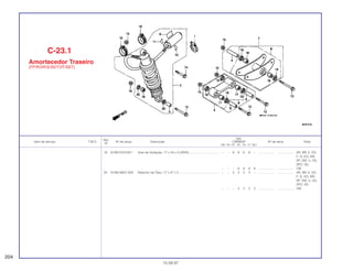 Ref.
Qtd.
Item de serviço T.M.O. Nº da peça Descrição CBR600F Nº de série Nota
Nº
FM FN FP FR FS FT SET
19 91262-KV3-831 Anel de Vedação, 17 x 24 x 5 (ARAI) .................................. – – 6 6 6 6 – ................... .................. AR, BR, E, ED,
F, G, KO, MX,
SP, SW, U, 2G,
2PO, 3G
– – – 6 6 6 6 ................... .................. CM
20 91262-MG7-005 Retentor de Óleo, 17 x 27 x 5 .............................................. – – 2 2 2 2 – ................... .................. AR, BR, E, ED,
F, G, KO, MX,
SP, SW, U, 2G,
2PO, 3G
– – – 2 2 2 2 ................... .................. CM
C-23.1
Amortecedor Traseiro
(FP/R/2R/S/3S/T/3T/SET)
204
15.09.97
 