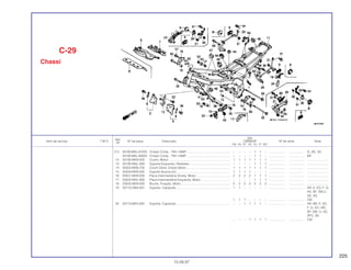 225
Ref.
Qtd.
Item de serviço T.M.O. Nº da peça Descrição CBR600F Nº de série Nota
Nº
FM FN FP FR FS FT SET
(11) 50100-MAL-610ZA Chassi Comp., *NH-146M* .................................................. – – – – 1 1 – ................... .................. G, 2G, 3G
50100-MAL-850ZA Chassi Comp., *NH-146M* .................................................. – – – – 1 1 – ................... .................. BR
12 50185-MV9-000 Coxim, Motor........................................................................ 1 1 1 1 1 1 1 ................... .................. .........................
13 50195-MAL-600 Suporte Esquerdo, Radiador ............................................... – – – – 1 1 1 ................... .................. .........................
14 50353-MS9-750 Coxim Diant. Direito Motor................................................... 1 1 1 1 1 1 1 ................... .................. .........................
15 50359-MV9-000 Suporte Buzina (A)............................................................... 1 1 1 1 – – – ................... .................. .........................
16 50501-MV9-000 Placa Intermediária Direita, Motor ....................................... 2 2 2 2 1 1 1 ................... .................. .........................
17 50502-MAL-600 Placa Intermediária Esquerda, Motor .................................. – – – – 1 1 1 ................... .................. .........................
18 50505-MV9-000 Bucha, Fixação, Motor......................................................... 2 2 2 2 2 2 2 ................... .................. .........................
19 50710-GB4-007 Suporte, Capacete............................................................... 1 1 – – – – – ................... .................. AR, E, ED, F, G,
AX, SP, SW,U,
2G, 3G
1 1 1 – – – – ................... .................. CM
20 50710-MF5-000 Suporte, Capacete............................................................... – – 1 1 1 1 – ................... .................. AR, BR, E, ED,
F, G, KO, MX,
SP, SW, U, 2G,
2PO, 3G
– – – 1 1 1 1 ................... .................. CM
C-29
Chassi
15.09.97
 