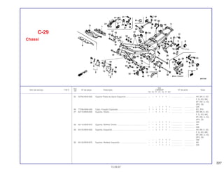 227
Ref.
Qtd.
Item de serviço T.M.O. Nº da peça Descrição CBR600F Nº de série Nota
Nº
FM FN FP FR FS FT SET
25 50760-MV9-930 Suporte Pedal de Apoio Esquerdo ...................................... – – 1 1 1 1 – ................... .................. AR, BR, E, ED,
F, G, KO, MX,
SP, SW, U, 2G,
2PO, 3G
– – – 1 1 1 1 ................... .................. CM
26 77236-KM4-000 Cabo, Fixação Capacete..................................................... 1 1 1 1 1 1 – ................... .................. ED, 2PO
27 84110-MV9-930 Suporte, Direito .................................................................... – – 1 1 1 1 – ................... .................. AR, BR, E, ED,
F, G, KO, MX,
SP, SW, U, 2G,
2PO, 3G
– – – 1 1 1 1 ................... .................. CM
28 84110-MV9-970 Suporte, Refletor Direito....................................................... – – 1 1 1 1 – ................... .................. AR
– – – 1 1 1 1 ................... .................. CM
29 84120-MV9-930 Suporte, Esquerdo............................................................... – – 1 1 1 1 – ................... .................. AR, BR, E, ED,
F, G, KO, MX,
SP, SW, U, 2G,
2PO, 3G
– – – 1 1 1 1 ................... .................. CM
30 84120-MV9-970 Suporte, Refletor Esquerdo.................................................. – – 1 1 1 1 – ................... .................. AR
– – – 1 1 1 1 ................... .................. CM
C-29
Chassi
15.09.97
 
