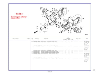 277
Ref.
Qtd.
Item de serviço T.M.O. Nº da peça Descrição CBR600F Nº de série Nota
Nº
FM FN FP FR FS FT SET
(9) 64304-MAL-900ZB Tampa Inferior, Carenagem Direita *Tipo 5*........................ – – – – – 1 – ................... .................. AR ,BR, E, ED,
F, G, MX, SP,
SW, U, 2G,
2PO, 3G
64304-MAL-900ZC Tampa Inferior, Carenagem Direita *Tipo 6*........................ – – – – – 1 – ................... .................. AR, BR, E, ED,
F, G, MX, SP,
SW, U, 2G,
2PO, 3G
64304-MAL-830ZA Tampa Inferior, Carenagem Direita *Tipo 5*........................ – – – – – – 1 ................... .................. .........................
10 64340-MAL-600 Suporte Carenagem, Inferior Dianteira Direita..................... – – – – 1 1 1 ................... .................. .........................
11 64345-MAL-600 Suporte Carenagem, Inferior Dianteira Esquerda ............... – – – – 1 1 1 ................... .................. .........................
12 64354-MAL-600ZA Tampa Carenagem, Inferior Esquerda *Tipo 1* .................. – – – – 1 – – ................... .................. AR, BR, E, ED,
F, G, KO, MX,
SP, SW, U, 2G,
2PO, 3G
64354-MAL-600ZC Tampa Carenagem, Inferior Esquerda *Tipo 3* .................. – – – – 1 – – ................... .................. AR, BR, E, ED,
F, G, MX, SP,
SW, U, 2G,
2PO, 3G
C-33.1
Carenagem Inferior
(FS/3S/T/3T/SET)
15.09.97
 
