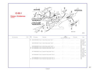 317
Ref.
Qtd.
Item de serviço T.M.O. Nº da peça Descrição CBR600F Nº de série Nota
Nº
FM FN FP FR FS FT SET
(37) 83615-MV9-640ZB Faixa C, Direita Tampa Lateral *Tipo 7*............................... – 1 – – – – – ................... .................. AR, E, ED, F,
G, MX, SP,
SW, U, 2G, 3G
83615-MV9-640ZC Faixa C, Direita Tampa Lateral *Tipo 8*............................... – 1 – – – – – ................... .................. AR, E, ED, F,
G, MX, SP,
SW, U, 2G, 3G
83615-MV9-640ZD Faixa C, Direita Tampa Lateral *Tipo 9*............................... – 1 – – – – – ................... .................. SW
38 83713-MV9-630ZA Faixa A, Esquerda Tampa Lateral *Tipo 10*........................ – 1 – – – – – ................... .................. CM
39 83713-MV9-640ZA Faixa A, Esquerda Tampa Lateral *Tipo 6*.......................... – 1 – – – – – ................... .................. AR, E, ED, F,
G, MX, SP,
SW, U, 2G, 3G
83713-MV9-640ZB Faixa A, Esquerda Tampa Lateral *Tipo 7*.......................... – 1 – – – – – ................... .................. AR, E, ED, F,
G, MX, SP, SW,
U, 2G, 3G
83713-MV9-640ZC Faixa A, Esquerda Tampa Lateral *Tipo 8*.......................... – 1 – – – – – ................... .................. AR, E, ED, F,
G, MX, SP, SW,
U, 2G, 3G
83713-MV9-640ZD Faixa A, Esquerda Tampa Lateral *Tipo 11*........................ – 1 – – – – – ................... .................. CM
40 83714-MV9-630ZA Faixa B, Esquerda Tampa Lateral *Tipo 10*........................ – 1 – – – – – ................... .................. CM
C-35.1
Faixas • Emblemas
(FM/2M)
15.09.97
 