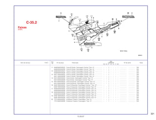 321
Ref.
Qtd.
Item de serviço T.M.O. Nº da peça Descrição CBR600F Nº de série Nota
Nº
FM FN FP FR FS FT SET
11 64308-MV9-920ZA Faixa B Direita, Carenagem Central *Tipo 13* .................... – – 1 – – – – ................... .................. CM
64308-MV9-920ZB Faixa B Direita, Carenagem Central *Tipo 14* .................... – – 1 – – – – ................... .................. CM
12 64309-MV9-920ZA Faixa C Direita, Carenagem Central *Tipo 13* .................... – – 1 – – – – ................... .................. CM
64309-MV9-920ZB Faixa C Direita, Carenagem Central *Tipo 14* .................... – – 1 – – – – ................... .................. CM
13 64311-MV9-920ZA Faixa A Direita, Carenagem Central *Tipo 13* .................... – – 1 – – – – ................... .................. CM
64311-MV9-920ZB Faixa A Direita, Carenagem Central *Tipo 14* .................... – – 1 – – – – ................... .................. CM
14 64312-MV9-920ZA Faixa Direita, Carenagem Central *Tipo 13*........................ – – 1 – – – – ................... .................. CM
64312-MV9-920ZB Faixa Direita, Carenagem Central *Tipo 14*........................ – – 1 – – – – ................... .................. CM
15 64313-MV9-920ZA Faixa Esquerda, Carenagem Central *Tipo 13*................... – – 1 – – – – ................... .................. CM
64313-MV9-920ZB Faixa Esquerda, Carenagem Central *Tipo 14*................... – – 1 – – – – ................... .................. CM
16 64357-MV9-920ZA Faixa A Esquerda, Carenagem Central * Tipo 13* .............. – 1 – – – – ................... .................. CM
64357-MV9-920ZB Faixa A Esquerda, Carenagem Central *Tipo 14* ............... – – 1 – – – – ................... .................. CM
17 64358-MV9-920ZA Faixa B Esquerda, Carenagem Central *Tipo 13* ............... – – 1 – – – – ................... .................. CM
64358-MV9-920ZB Faixa B Esquerda, Carenagem Central *Tipo 14* ............... – – 1 – – – – ................... .................. CM
18 64359-MV9-920ZA Faixa C Esquerda, Carenagem Central *Tipo 13*............... – – 1 – – – – ................... .................. CM
64359-MV9-920ZB Faixa C Esquerda, Carenagem Central *Tipo 14*............... – – 1 – – – – ................... .................. CM
19 64361-MV9-920ZA Faixa A Esquerda, Carenagem Central *Tipo 13* ............... – – 1 – – – – ................... .................. CM
64361-MV9-920ZB Faixa A Esquerda, Carenagem Central *Tipo 14* ............... – – 1 – – – – ................... .................. CM
20 77215-MV9-920ZA Emblema Traseiro, Carenagem *Tipo 13* ........................... – – 1 – – – – ................... .................. CM
77215-MV9-920ZB Emblema Traseiro, Carenagem *Tipo 14* ........................... – – 1 – – – – ................... .................. CM
C-35.2
Faixas
(F2P)
15.09.97
 