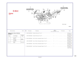 325
Ref.
Qtd.
Item de serviço T.M.O. Nº da peça Descrição CBR600F Nº de série Nota
Nº
FM FN FP FR FS FT SET
5 64227-MV9-930ZA Emblema Pára-brisa *Tipo 15*............................................. – – 1 – – – – ................... .................. AR, BR, E, ED,
F, G, MX, SP,
SW, U, 2G, 3G
64227-MV9-930ZB Emblema Pára-brisa *Tipo 16*............................................. – – 1 – – – – ................... .................. AR, BR, E, ED,
F, G, MX, SP,
SW, U, 2G, 3G
6 64231-MV9-930ZA Faixa A Direita, Carenagem Superior *Tipo 15* .................. – 1 – – – – ................... .................. AR, BR, E, ED,
F, G, MX, SP,
SW, U, 2G, 3G
64231-MV9-930ZB Faixa A Direita, Carenagem Superior *Tipo 16* .................. – 1 – – – – ................... .................. AR, BR, E, ED,
F, G, MX, SP,
SW, U, 2G, 3G
64231-MV9-930ZC Faixa A Direita, Carenagem Superior *Tipo 17* .................. – – 1 – – – – ................... .................. AR, BR, E, ED,
F, G, MX, SP,
SW, U, 2G, 3G
7 64232-MV9 930ZA Faixa B Direita, Carenagem Superior *Tipo 15* .................. – – 1 – – – – ................... .................. AR, BR, E, ED,
F, G, MX, SP,
SW, U, 2G, 3G
C-35.3
Faixas
(FP)
15.09.97
Tabela de Cores, Faixas e Emblemas
(CBR600FP)
Tipo Cor Principal
Posição
G
(NH-196)
15
Branco Violeta
(R-158P) Metálica
Vermelho
16
(NH-1)
Vermelho
Preto
 