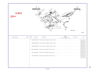 351
Ref.
Qtd.
Item de serviço T.M.O. Nº da peça Descrição CBR600F Nº de série Nota
Nº
FM FN FP FR FS FT SET
13 64309-MV9-840ZA Faixa C Direita, Carenagem Central *Tipo 24* .................... – – – 1 – – – ................... .................. AR, BR, E, ED,
F, G, MX, SP,
SW, U, 2G, 3G
64309-MV9-840ZB Faixa C Direita, Carenagem Central *Tipo 25* .................... – – – 1 – – – ................... .................. AR, BR, E, ED,
F, G, MX, SP,
SW, U, 2G, 3G
64309-MV9-840ZC Faixa C Direita, Carenagem Central *Tipo 26* .................... – – – 1 – – – ................... .................. AR, BR, E, ED,
F, G, MX, SP,
SW, U, 2G, 3G
14 64311-MV9-840ZA Faixa Direita, Carenagem Central *Tipo 24*........................ – – – 1 – – – ................... .................. AR, BR, E, ED,
F, G, MX, SP,
SW, U, 2G, 3G
64311-MV9-840ZB Faixa Direita, Carenagem Central *Tipo 25*........................ – – – 1 – – – ................... .................. AR, BR, E, ED,
F, G, MX, SP,
SW, U, 2G, 3G
64311-MV9-840ZC Faixa Direita, Carenagem Central *Tipo 26*........................ – – – 1 – – – ................... .................. AR, BR, E, ED,
F, G, MX, SP,
SW, U, 2G, 3G
C-35.5
Faixas
(FR)
15.09.97
 