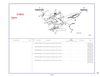 355
Ref.
Qtd.
Item de serviço T.M.O. Nº da peça Descrição CBR600F Nº de série Nota
Nº
FM FN FP FR FS FT SET
21 64362-MV9-840ZA Faixa B Esquerda, Carenagem Central *Tipo 24* ............... – – – 1 – – – ................... .................. AR, BR, E, ED,
F, G, MX, SP,
SW, U, 2G, 3G
64362-MV9-840ZB Faixa B Esquerda, Carenagem Central *Tipo 25* ............... – – – 1 – – – ................... .................. AR, BR, E, ED,
F, G, MX, SP,
SW, U, 2G, 3G
64362-MV9-840ZC Faixa B Esquerda, Carenagem Central *Tipo 26* ............... – – – 1 – – – ................... .................. AR, BR, E, ED,
F, G, MX, SP,
SW, U, 2G, 3G
22 64363-MV9-840ZA Faixa A Esquerda, Carenagem Central *Tipo 24* .............. – – – 1 – – – ................... .................. AR, BR, E, ED,
F, G, MX, SP,
SW, U, 2G, 3G
64363-MV9-840ZB Faixa A Esquerda, Carenagem Central *Tipo 25* ............... – – – 1 – – – ................... .................. AR, BR, E, ED,
F, G, MX, SP,
SW, U, 2G, 3G
64363-MV9-840ZC Faixa A Esquerda, Carenagem Central *Tipo 26* .............. – – – 1 – – – ................... .................. AR, BR, E, ED,
F, G, MX, SP,
SW, U, 2G, 3G
C-35.5
Faixas
(FR)
15.09.97
 