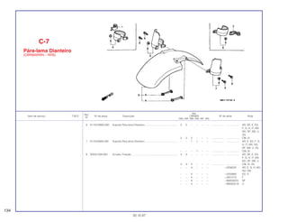Ref.
Qtd.
Item de serviço T.M.O. Nº da peça Descrição CBR900 Nº de série Nota
Nº
RRN RRP RRR RRS RRT RRV
6 61102-MW0-000 Suporte Pára-lama Dianteiro.............................................. 2 2 – – – – .................. .................. AR, DE, E, ED,
F, G, H, IT, MX,
ND, SP, SW, U,
2G
2 2 2 – – – .................. .................. CM, SI
7 61103-MAE-000 Suporte Pára-lama Dianteiro.............................................. – – 1 1 – – .................. .................. AR, E, ED, F, G,
H, IT, MX, ND,
SP, SW, U, 2G
– – – 1 – – .................. .................. CM, SI
8 90522-028-000 Arruela, Fixação................................................................. 4 4 – – – – .................. .................. AR, DE, E, ED,
F, G, H, IT, MX,
ND, SP, SW, U
4 4 4 – – – .................. .................. CM, SI, 2G
– – 4 – – – ~2256020 AR, E, G, H, MX,
ND, SW
– – 4 – – – ~2255980 ED, IT
– – 4 – – – ~2201213 F
– – 4 – – – ~0M200223 SP
– – 4 – – – ~RM200219 U
C-7
Pára-lama Dianteiro
(CBR900RRN ~ RRS)
134
30.10.97
 