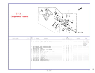 163
Ref.
Qtd.
Item de serviço T.M.O. Nº da peça Descrição CBR900 Nº de série Nota
Nº
RRN RRP RRR RRS RRT RRV
(7) 43110-MAE-006 Suporte Comp. Freio Traseiro............................................ – – 1 1 1 1 .................. .................. AR, BR, E, ED,
F, G, H, IT, MX,
ND, SD, SP,
SW, U, 2G
– – – 1 1 1 .................. .................. CM, SI
8 43112-MV9-006 Mola, Suporte Freio Traseiro.............................................. 1 – – – – – .................. .................. ........................
43112-MVV9-016 Mola, Suporte Freio Traseiro.............................................. – 1 1 1 1 1 .................. .................. ........................
9 43132-KT7-761 Capa .................................................................................. 1 1 1 1 1 1 .................. .................. ........................
10 43150-MAE-305 Cáliper Freio, Traseiro (NISSIN)......................................... – – – 1 1 1 .................. .................. ........................
11 43215-ML3-911 Pino, Alça........................................................................... 1 1 1 1 1 1 .................. .................. ........................
12 43350-KBV-000 Presilha Traseira, Mangueira de Freio............................... 1 1 1 1 1 1 .................. .................. ........................
13 43352-568-003 Parafuso, Sangria............................................................... 1 1 1 1 1 1 .................. .................. ........................
14 43353-461-771 Capa, Parafuso .................................................................. 1 1 1 1 1 1 .................. .................. ........................
15 45111-MA3-006 Pino Deslizante .................................................................. 1 1 1 1 1 1 .................. .................. ........................
16 45131-MN9-006 Parafuso do Pino................................................................ 1 1 1 1 1 1 .................. .................. ........................
17 45133-MA3-006 Tampa B............................................................................. 1 1 1 1 1 1 .................. .................. ........................
18 45203-MG3-016 Plugue, Pino....................................................................... 1 1 1 1 1 1 .................. .................. ........................
19 90131-MR1-000 Parafuso Flange, 6 x 10 ..................................................... 1 1 1 1 1 1 .................. .................. ........................
20 90180-MA3-006 Parafuso Flange, 8 x 49 ..................................................... 1 1 1 1 1 1 .................. .................. ........................
C-12
Cáliper Freio Traseiro
30.10.97
 