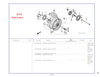 165
Ref.
Qtd.
Item de serviço T.M.O. Nº da peça Descrição CBR900 Nº de série Nota
Nº
RRN RRP RRR RRS RRT RRV
6 42313-MT3-000 Espaçador Lateral, Roda Traseira..................................... 1 1 – – – – .................. .................. AR, DE, E, ED,
F, G, H, IT, MX,
ND, SP, SW, U,
2G
1 1 1 – – – .................. .................. CM, SI
42312-MAE-000 Espaçador Lateral, Roda Traseira..................................... – – 1 – – – .................. .................. AR, E, ED, F,
G, H, IT, MX,
ND, SP, SW,
U, 2G
42312-MAE-010 Espaçador Lateral, Roda Traseira..................................... – – – 1 1 1 .................. .................. ........................
7 42313-MW0-000 Espaçador Roda Traseira.................................................. 1 1 – – – – .................. .................. AR, DE, E, ED,
F, G, H, I T,
MX, ND, SP,
SW, U, 2G
1 1 1 – – – .................. .................. CM, SI
42313 MAE-000 Espaçador Roda Traseira.................................................. – – 1 – – – .................. .................. AR, E, ED, F,
G, H, IT, MX,
ND, SP, SW,
U, 2G
C-13
Roda Traseira
30.10.97
 