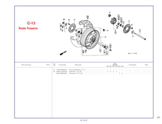 171
Ref.
Qtd.
Item de serviço T.M.O. Nº da peça Descrição CBR900 Nº de série Nota
Nº
RRN RRP RRR RRS RRT RRV
27 91302-MA6-003 Anel de Vedação, 61 x 2.................................................... 1 1 1 1 1 1 .................. .................. ........................
28 92918-12028-0E Prisioneiro, 12 x 28............................................................. 5 5 5 5 – – .................. .................. ........................
90102-MAS-000 Prisioneiro, 2,12 x 25.......................................................... – – – – 5 5 .................. .................. ........................
C-13
Roda Traseira
30.10.97
 