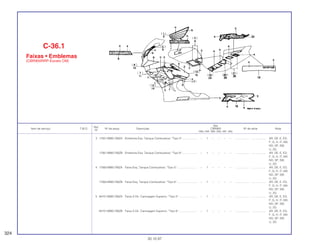 Ref.
Qtd.
Item de serviço T.M.O. Nº da peça Descrição CBR900 Nº de série Nota
Nº
RRN RRP RRR RRS RRT RRV
3 17501-MW0-790ZA Emblema Esq. Tanque Combustível, *Tipo 5*................... – 1 – – – – .................. .................. AR, DE ,E, ED,
F, G, H, IT, MX,
ND, SP, SW,
U, 2G
17561-MW0-790ZB Emblema Esq. Tanque Combustível, *Tipo 6*................... – 1 – – – – .................. .................. AR, DE, E, ED,
F, G, H, IT, MX,
ND, SP, SW,
U, 2G
4 17562-MW0-790ZA Faixa Esq. Tanque Combustível, *Tipo 5* ......................... – 1 – – – – .................. .................. AR, DE, E, ED,
F, G, H, IT, MX,
ND, SP, SW,
U, 2G
17562-MW0-790ZB Faixa Esq. Tanque Combustível, *Tipo 6* ......................... – 1 – – – – .................. .................. AR, DE, E, ED,
F, G, H, IT, MX,
ND, SP, SW,
U, 2G
5 64101-MW0-790ZA Faixa A Dir. Carenagem Superior, *Tipo 5* ....................... – 1 – – – – .................. .................. AR, DE, E, ED,
F, G, H, IT, MX,
ND, SP, SW,
U, 2G
64101-MW0-790ZB Faixa A Dir. Carenagem Superior, *Tipo 6* ....................... – 1 – – – – .................. .................. AR, DE, E, ED,
F, G, H, IT, MX,
ND, SP, SW,
U, 2G
C-36.1
Faixas • Emblemas
(CBR900RRP-Exceto CM)
324
30.10.97
 