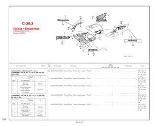 Ref.
Qtd.
Item de serviço T.M.O. Nº da peça Descrição CBR900 Nº de série Nota
Nº
RRN RRP RRR RRS RRT RRV
(16) 64353-MAE-750ZB Faixa A Esq., Tampa Carenagem, *Tipo 5*....................... – – – 1 – – .................. .................. AR, E, ED, F,
G, H, IT, MX,
ND, SP, SW,
U, 2G
17 64352-MAE-300ZA Faixa B Esq., Tampa Carenagem, *Tipo 1*....................... – – 1 – – – .................. .................. AR, E, ED, F,
G, H, IT, MX,
ND, SP, SW,
U, 2G
64352-MAE-300ZB Faixa B Esq., Tampa Carenagem, *Tipo 2*....................... – – 1 1 – – .................. .................. AR, E, ED, F,
G, H, IT, MX,
ND, SP, SW,
2G
– – – 1 – – .................. .................. U
64352-MAE-300ZC Faixa B Esq., Tampa Carenagem, *Tipo 3*....................... – – 1 1 – – .................. .................. AR, E, ED, F,
G, H, IT, MX,
ND, SP, SW,
U, 2G
– – – 1 – – .................. .................. CM
64352-MAE-750ZA Faixa B Esq., Tampa Carenagem, *Tipo 4*....................... – – – 1 – – .................. .................. AR, E, ED, F,
G, H, IT, MX,
ND, SP, SW,
U, 2G
C-36.3
Faixas • Emblemas
(CBR900RRR/RRS
Exceto CM/SI)
352
30.10.97
Tabela de Cores, Emblema, Pára-brisa
(CBR900RRR - AR, E, ED, F, G, H, IT, MX, ND, SP,
SW, U, 2G)
(CBR900RRS - AR, CM, E, ED, F, G, H, IT, MX, ND,
SP, SW, U, 2G)
Posição A
Tipo Cor Principal
1
Branco
Branco
(NH-196)
2
Bege Metálica
Vermelho
(YR125M)
3
Prata Perolizada Prata
(NH343P) Metálico
Posição A
Tipo Cor Principal
1
Branco
Branco
(NH-196)
Preto Perolizado
2
(NH-343P)
Vermelho
Bege Metálica
(YR125M)
 