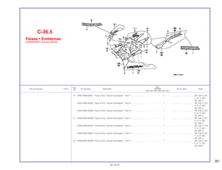 367
Ref.
Qtd.
Item de serviço T.M.O. Nº da peça Descrição CBR900 Nº de série Nota
Nº
RRN RRP RRR RRS RRT RRV
14 64351-MAS-00ZB Faixa A Esq. Tampa Carenagem, *Tipo 1*........................ – – – – 1 – .................. .................. AR, CM, E, ED,
F, G, IT, ND,
SD, SW, U
64351-MAS-300ZC Faixa A Esq. Tampa Carenagem, *Tipo 2*........................ – – – – 1 – .................. .................. AR, CM, E, ED,
F, G, IT, ND,
SD, SW, U
64351-MAS-300ZA Faixa A Esq. Tampa Carenagem, *Tipo 3*........................ – – – – 1 – .................. .................. AR, CM, E, ED,
F, G, IT, ND,
SD, SW, U
15 64352-MAS-300ZB Faixa B Esq. Tampa Carenagem, *Tipo 1*........................ – – – – 1 – .................. .................. AR, CM, E, ED,
F, G, IT, ND,
SD, SW, U
64352-MAS-300ZC Faixa B Esq. Tampa Carenagem, *Tipo 2*........................ – – – – 1 – .................. .................. AR, CM, E , ED,
F, G, IT, ND,
SD, SW, U
64352-MAS-300ZA Faixa B Esq. Tampa Carenagem, *Tipo 3*........................ – – – – 1 – .................. .................. AR, CM, E, ED,
F, G, IT, ND,
SD, SW, U
16 64353-MAS-300ZB Faixa C Esq. Tampa Carenagem, *Tipo 1*........................ – – – – 1 – .................. .................. AR, CM, E, ED,
F, G, IT, ND,
SD, SW,U
C-36.5
Faixas • Emblemas
(CBR900RRT-Exceto BR/SI)
30.10.97
 