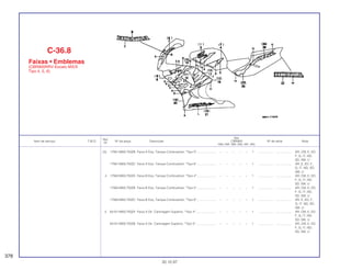 Ref.
Qtd.
Item de serviço T.M.O. Nº da peça Descrição CBR900 Nº de série Nota
Nº
RRN RRP RRR RRS RRT RRV
(3) 17561-MAS-750ZB Faixa A Esq. Tanque Combustível, *Tipo 5*...................... – – – – – 1 .................. .................. AR, CM, E, ED,
F, G, IT, ND,
SD, SW, U
17561-MAS-750ZC Faixa A Esq. Tanque Combustível, *Tipo 6*...................... – – – – – 1 .................. .................. AR, E, ED, F,
G, IT, ND, SD,
SW, U
4 17562-MAS-750ZA Faixa B Esq. Tanque Combustível, *Tipo 4*...................... – – – – – 1 .................. .................. AR, CM, E, ED,
F, G, IT, ND,
SD, SW, U
17562-MAS-750ZB Faixa B Esq. Tanque Combustível, *Tipo 5*...................... – – – – – 1 .................. .................. AR, CM, E, ED,
F, G, IT, ND,
SD, SW, U
17562-MAS-750ZC Faixa B Esq. Tanque Combustível, *Tipo 6*...................... – – – – – 1 .................. .................. AR, E, ED, F,
G, IT, ND, SD,
SW, U
5 64101-MAS-750ZA Faixa A Dir. Carenagem Superior, *Tipo 4* ....................... – – – – – 1 .................. .................. AR, CM, E, ED,
F, G, IT, ND,
SD, SW, U
64101-MAS-750ZB Faixa A Dir. Carenagem Superior, *Tipo 5* ....................... – – – – – 1 .................. .................. AR, CM, E, ED,
F, G, IT, ND,
SD, SW, U
C-36.8
Faixas • Emblemas
(CBR900RRV-Exceto MX/S
Tipo 4, 5, 6)
378
30.10.97
 