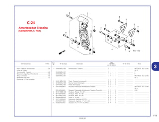 111
13.02.02
Ref.
Qtd.
Item de serviço T.M.O. Nº da peça Descrição CBR900 Nº de série Nota
Nº
RRY RR1 RR2 RE1
1 52400-MCJ-003 Amortecedor, Traseiro............................................................ 1 – – – ................. .................. BR, CM, E, ED, G, MX,
SI, U
52400-MCJ-621 ................................................................................................ 1 – – – ................. .................. F
52400-MCJ-861 ................................................................................................ – 1 – – ................. .................. F
52400-MCJ-831 ................................................................................................ – 1 – – ................. .................. BR, CM, E, ED, G, MX,
SI, U
– – – 1 ................. .................. .....................................
2 52461-MCJ-000 Placa, Traseira Amortecedor.................................................. 2 2 – 2 ................. .................. .....................................
3 52463-MAL-G00 Bucha, Haste Articulação ...................................................... 3 3 – 3 ................. .................. .....................................
4 52475-MCJ-000 Haste, Articulação .................................................................. 1 1 – 1 ................. .................. .....................................
5 87516-KV6-610 Etiqueta, Precaução Amortecedor Traseiro .......................... 1 1 – – ................. .................. BR, CM, E, ED, G, MX,
SI, U
87516-KV6-631 Etiqueta, Precaução Amortecedor Traseiro (Francês) .......... 1 1 – 1 ................. .................. CM, F
6 90101-MBB-000 Parafuso, Flange, 10 x 62 ...................................................... 3 3 – 3 ................. .................. .....................................
7 90110-KY6-000 Parafuso, Allen, 10 x 66.......................................................... 1 1 – 1 ................. .................. .....................................
8 90110-ML7-000 Parafuso, Allen, 10 x 55.......................................................... 1 1 – 1 ................. .................. .....................................
9 90304-GE8-003 Porca, U, 10 mm .................................................................... 5 5 – 5 ................. .................. .....................................
10 91071-KV3-005 Rolamento, Agulhas (KOYO).................................................. 2 2 – 2 ................. .................. .....................................
11 91072-KT7-003 Rolamento, Agulhas, 17 x 24 x 20.......................................... 1 1 – 1 ................. .................. .....................................
12 91262-KV3-831 Vedador, Pó, 17 x 24 x 5 (ARAI) ............................................ 6 6 – 6 ................. .................. .....................................
Placa Traseira, Amortecedor.................................0,4
(Uma ou Todas)
Amortecedor, Traseiro...........................................0,6
Rolamento, Agulhas, 17 x 24 x 20.........................0,8
Braço, Conexão.....................................................1,0
Rolamento, Agulhas ..............................................1,2
(Adicionar 0,1 Por Unidade)
C-24
Amortecedor Traseiro
(CBR900RRY,1 / RE1)
3
 