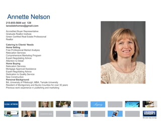 Annette Nelson
215-855-5600 ext 128
lansdalehomes@gmail.com
Accredited Buyer Representative
Graduate Realtor Institute
Green Certified Real Estate Professional
Realtor
Catering to Clients' Needs
Home Selling
Free Professional Market Analysis
Relocation Services
Comprehensive Marketing Program
Expert Negotiating Advice
Attention to Detail
Home Buying
Relocation Services
Mortgage Approval Assistance
Expert Negotiating Advice
Dedication to Quality Service
New Construction
Personal Background
BA, University of Pittsburgh; MBA, Temple University
Resident of Montgomery and Bucks Counties for over 30 years
Previous work experience in publishing and marketing
 