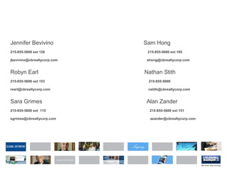 Jennifer Bevivino Sam Hong
215-855-5600 ext 126 215-855-5600 ext 185
jbevivino@cbrealtycorp.com shong@cbrealtycorp.com
Robyn Earl Nathan Stith
215-855-5600 ext 153 215-855-5600
rearl@cbrealtycorp.com nstith@cbrealtycorp.com
Sara Grimes Alan Zander
215-855-5600 ext 115 215-855-5600 ext 151
sgrimes@cbrealtycorp.com azander@cbrealtycorp.com
 