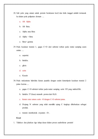 28. Sub pola yang umum untuk protein berukuran kecil dan helix tunggal adalah termasuk
ke dalam pola pelipatan domain ....
a. All- Alpha
b. All- Beta.
c. Alpha atau Beta
d. Alpha + Beta
e. Beta+ gamma
29. Pada keadaan transisi 1, gugus C=O dari substrat terikat pada rantai samping asam
amino ....
a. aspartat.
b. histidin.
c. glisin
d. serin
e. Kasein
30. Pada mekanisme hidrolisis ikatan peptida dengan enzim kimotripsin keadaan transisi 2
putus karena ....
a. gugus C=O substrat terikat pada rantai samping serin 195 yang nukleofilik.
b. histidin 57 (basa) menarik proton dari H2O.
c. ikatan ester antara serin -O dengan C-O substrat putus.
d. D.ujung N substrat yang telah memiliki ujung C lengkap dibebaskan sebagai
produk.
e. transisi membentuk oxyanion -O-.
Essai
1. Tuliskan dan jelaskan tiga tahap dasar dalam proses anabolisme protein!
 