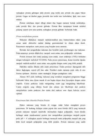 sedangkan protein gabungan ialah protein yang terdiri atas protein dan gugus bukan
protein. Gugus ini disebut gugus prostetik dan terdiri atas karbohidrat, lipid, atau asam
nukleat.
Protein sederhana dapat dibagi dalam dua bagian menurut bentuk molekulnya,
yaitu protein fiber dan protein globular. Protein fiber mempunyai bentuk molekul
panjang seperti serat atau serabut, sedangkan protein globular berbentuk bulat.
Proses metabolisme protein
Makanan dihaluskan menjadi molekul-molekul atau butiran-butiran mikro yang
sesuai untuk disbsorbsi melalui dinding gastrointestinal ke dalam aliran darah.
Pencernaan merupakan suatu proses yang berjalan terus menerus.
Bermula dari pengambulan makanan dan berakhir pada pembuangan sisa makanan.
Pada umumnya protein dihidrolisis menjadi asam amino atau polipeptida sederhana.
Protein tersusun dari rantai panjang asam amino, asam aminonya (-NH2) berkaitan
dengan kelompok karboksil 9-COOH). Pada proses pencernaan, ikatan tersebut diputus
menjadi molekul-molekul asam amino atau peptida dengan rantai yang lebih pendek.
Hidrolisis nutrien dibantu oleh enzim pencernaan. Enzim protease dipengaruhi oleh
faktor lingkungan, seperti pH dan suhu. Produksi enzim menurun pada suhu di atas
kisaran optimum. Aktivitas enzim meningkat dengan peningkatan suhu.
Adanya HCl pada lambung, makanan yang termakan mengalami pengasama hingga
berbentuk bubur atau chyme masuk di usu bagian depan akan bercampur dengan cairan
empedu. Cairan pankreas selain mengandung enzim juga mengandung bikarbonat.
Cairan empedu yang sifatnya basah dan adanya ion bikarbonat dari pankras
menyebabkan enzim pankreas dan enzim dari mukosa usus dapat bekerja secara
optimal.
Pencernaan Dan Absorbsi Protein Protein
Dalam makanan yang berada di rongga mulut belum mengalami proses
pencernaan. Di lambung terdapat enzim pepsin dan asam klorida (HCl) yang memecah
protein makanan menjadi metabolite intermediate tingkat polipeptida. Asam klorida
berfungsi untuk mendenaturasi protein dan mengaktifkan pepsinogen menjadi pepsin
pada pH < 4 sedangkan pepsin berfungsi memecah rantai polipeptida menjadi unit yang
lebih kecil menjadi polipeptida yang lebih pendek. Protein makanan yang sudah
 