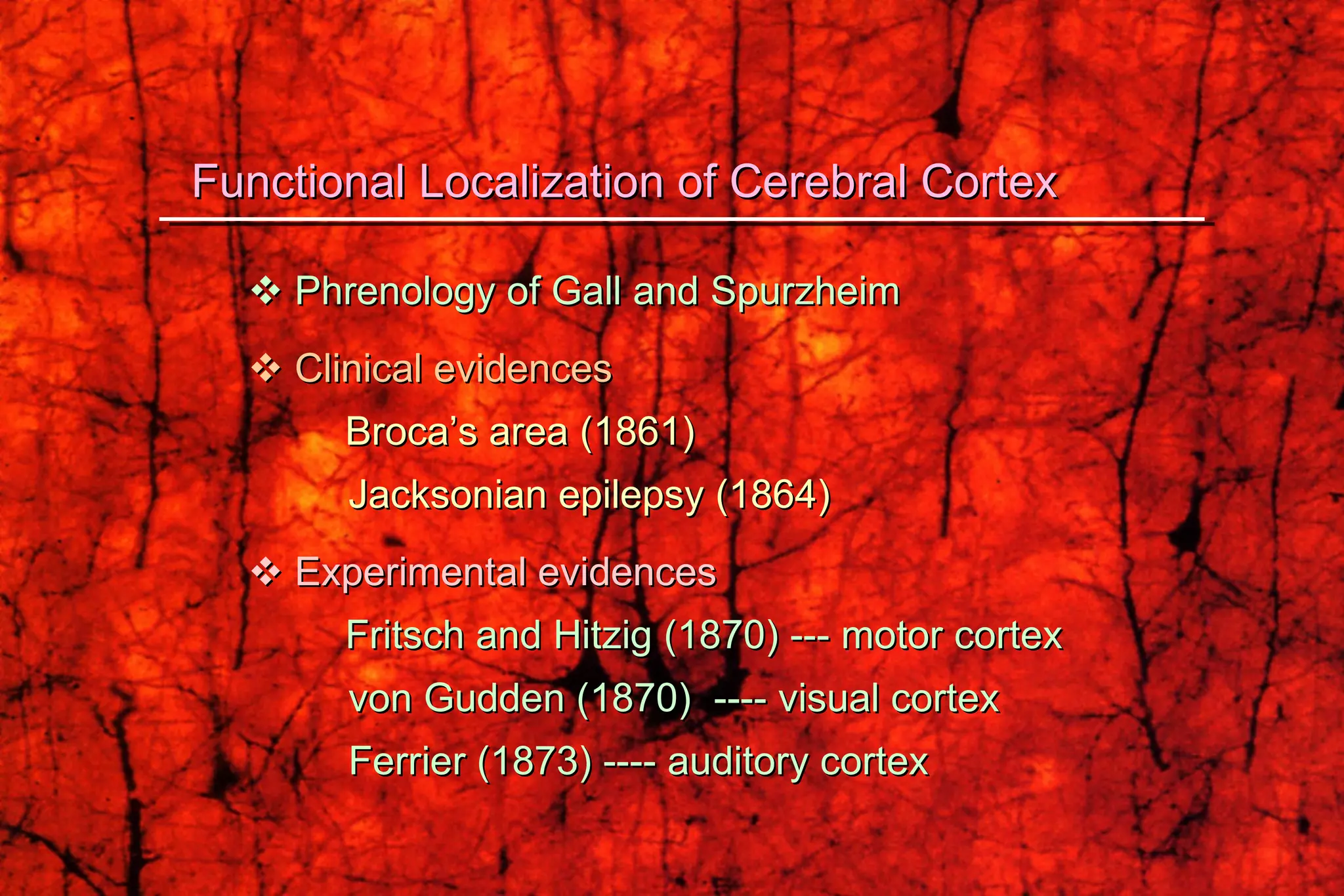    Phrenology of Gall and Spurzheim    Clinical evidences   Broca’s area (1861) Jacksonian epilepsy (1864)    Experimental evidences   Fritsch and Hitzig (1870) --- motor cortex von Gudden (1870)  ---- visual cortex Ferrier (1873) ---- auditory cortex Functional Localization of Cerebral Cortex 