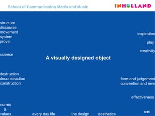School of  Communication Media and Music A visually designed object the design   science destruction deconstruction  construction structure  discourse movement system prove every day life creativity play   inspiration aesthetics norms &  values form and judgement convention and new effectiveness   