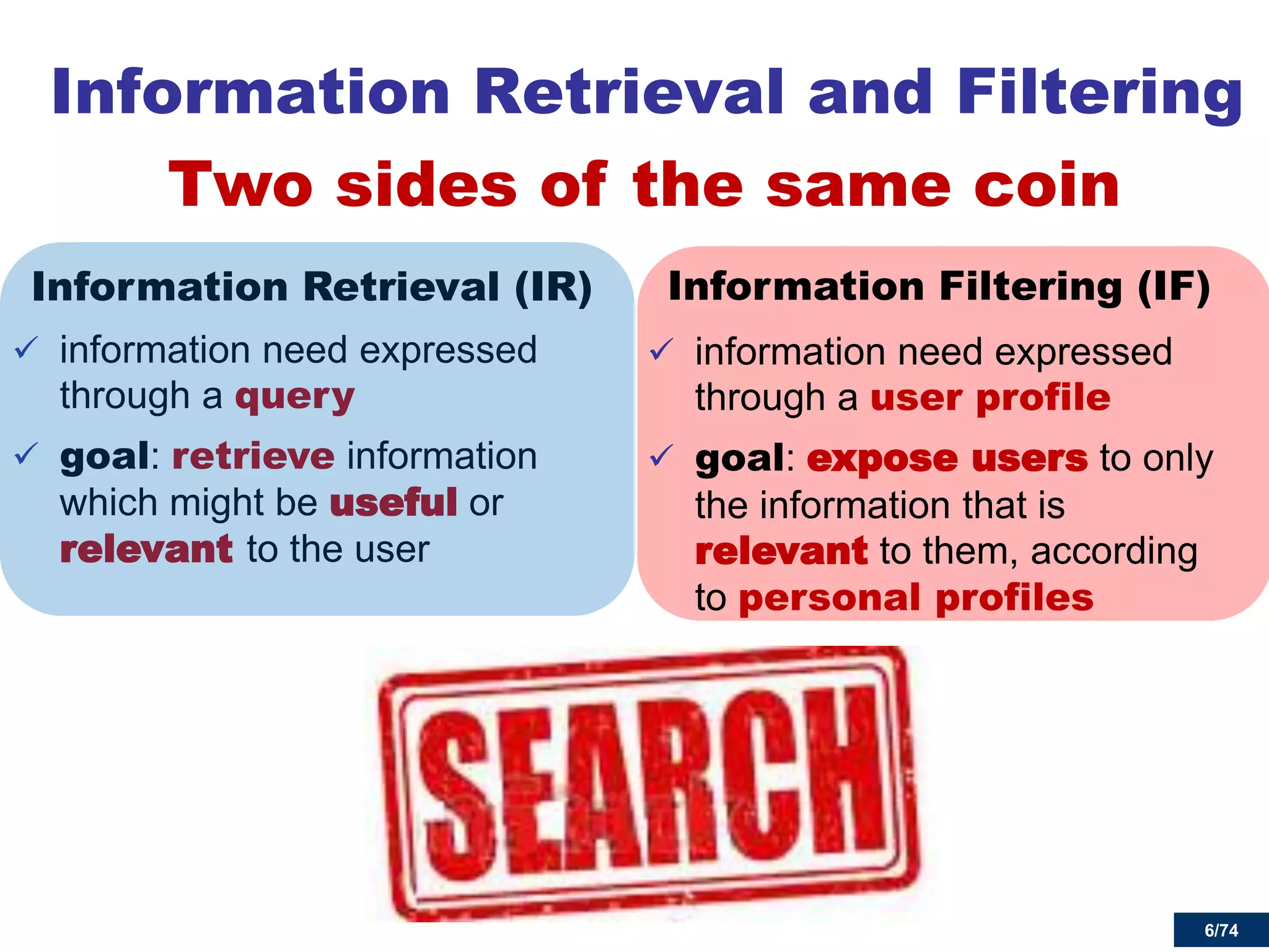 6/74 
Information Retrieval (IR) 
information need expressed through a query 
goal: retrieve information which might be useful or relevant to the user 
Information Filtering (IF) 
information need expressed through a user profile 
goal: expose users to only the information that is relevant to them, according to personal profiles 
Information Retrieval and Filtering 
Two sides of the same coin  
