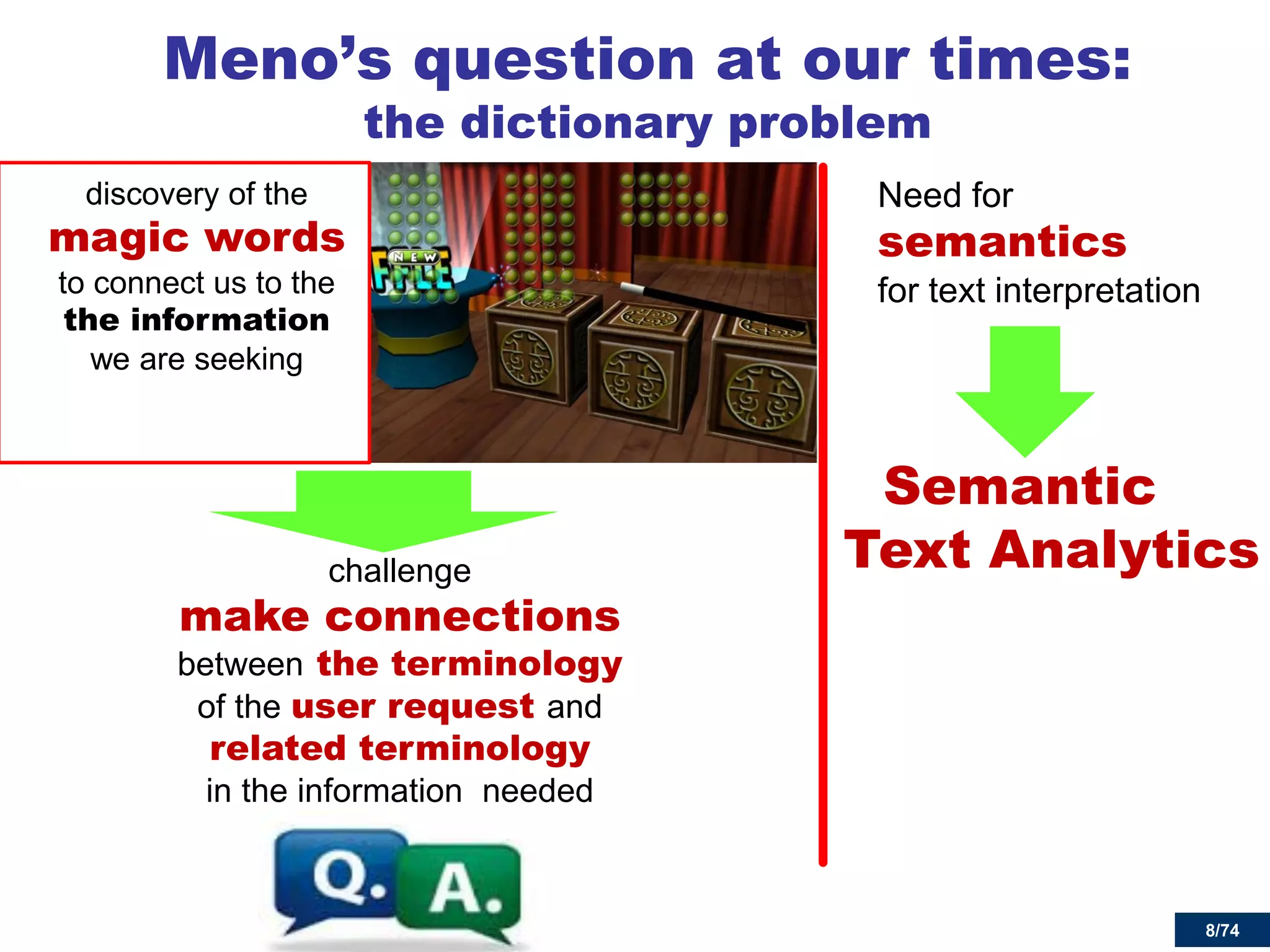 8/74 
Meno’s question at our times: the dictionary problem 
discovery of the magic words to connect us to the the information we are seeking 
challenge make connections between the terminology of the user request and related terminology in the information needed 
Need for semantics for text interpretation 
8 
Semantic Text Analytics 
 